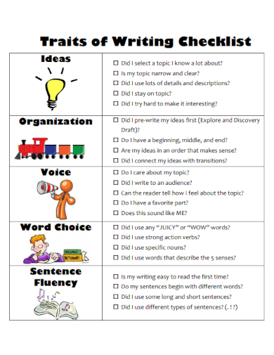 sample traits of writing checklist template