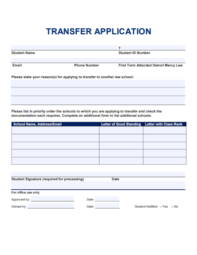sample transfer application form formal template