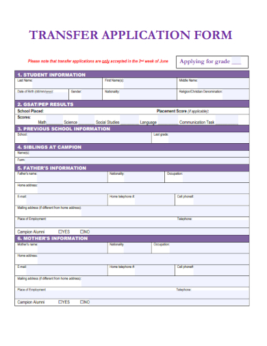 sample transfer application form standard template