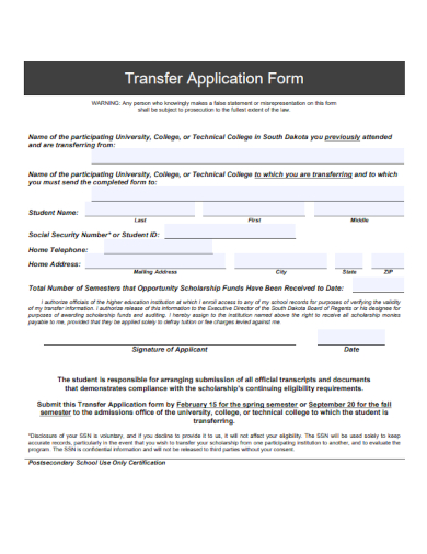 sample transfer application form templates