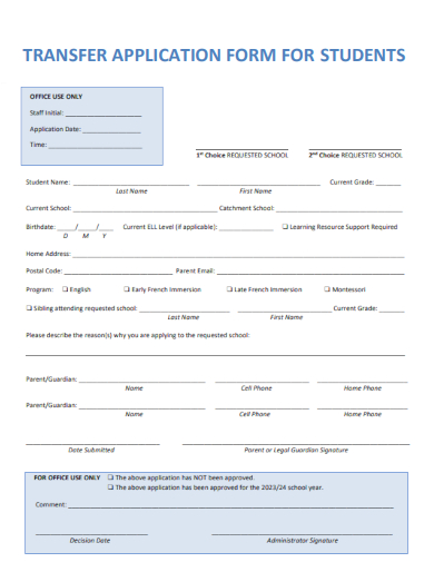 sample transfer application form for students template