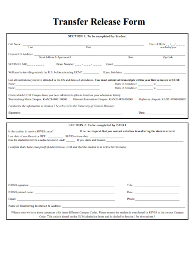 sample transfer release form template