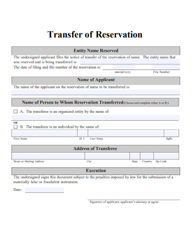 sample transfer of reservation form template