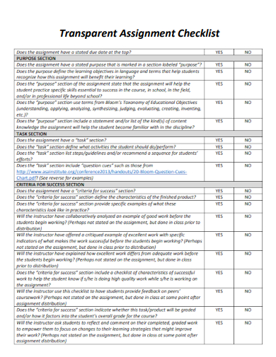 sample transparent assignment checklist template