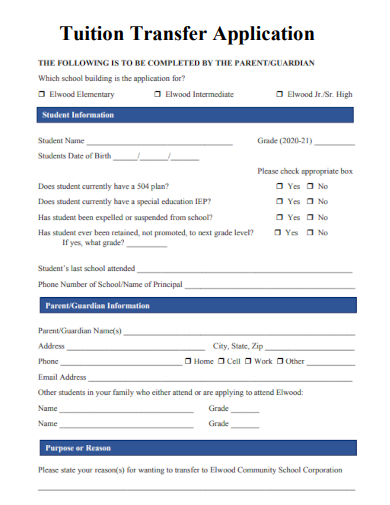 sample tuition transfer application form template