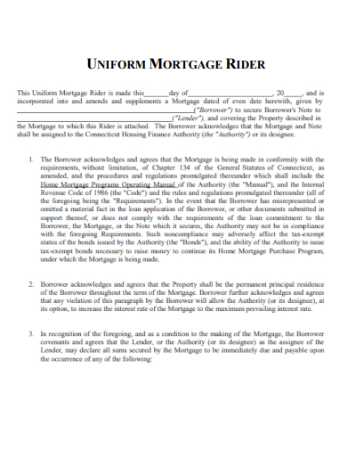 sample uniform mortgage rider form template