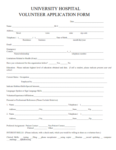 sample university hospital volunteer application form template
