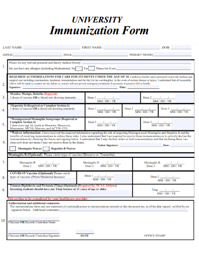 sample university immunization form template