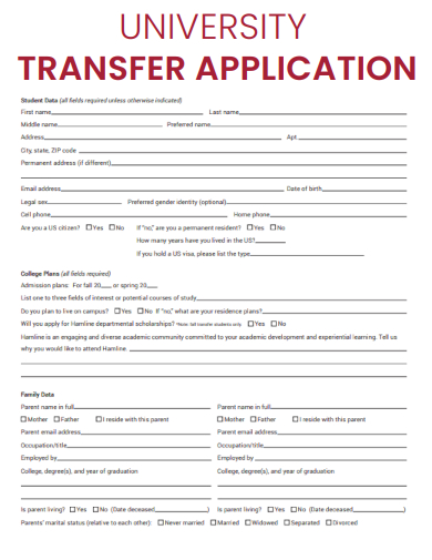 sample university transfer application form template