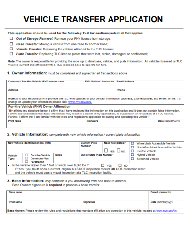 sample vehicle transfer application form template