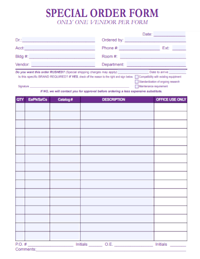 sample vendor special order form template