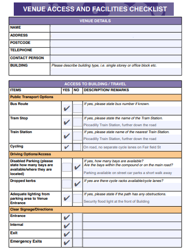 sample venue access facilities checklist template