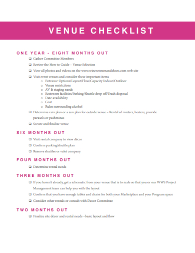 sample venue checklist standard template