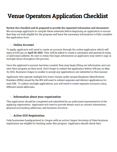 sample venue operators application checklist template