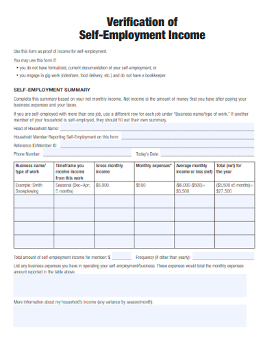 sample verification of self employment income template