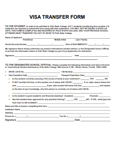 sample visa transfer form template