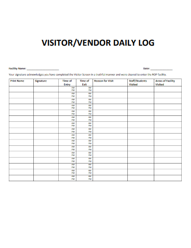 sample visitor vendor daily log form template