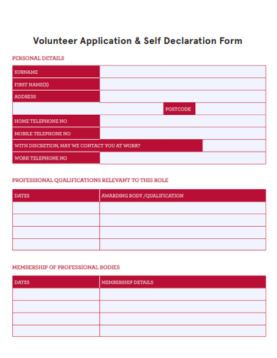 sample volunteer application self declaration form template