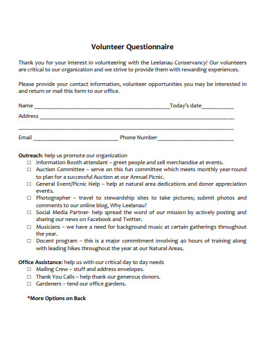 sample volunteer questionnaire template
