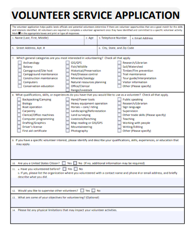 sample volunteer service application form template