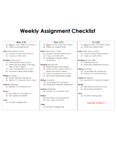 sample weekly assignment checklist template