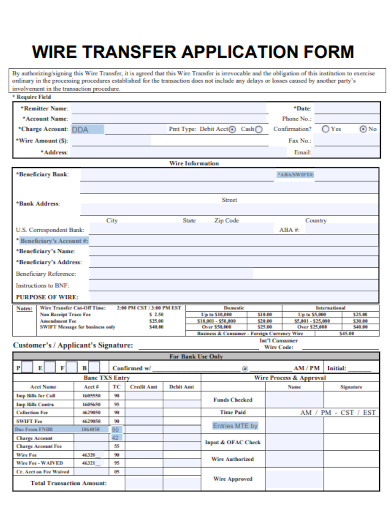 sample wire transfer application form template