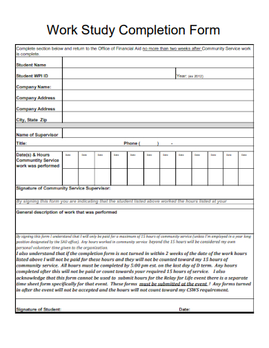 sample work study completion form template