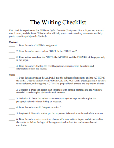 sample writing checklist format template