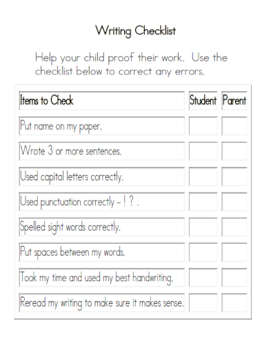 sample writing checklist standard template
