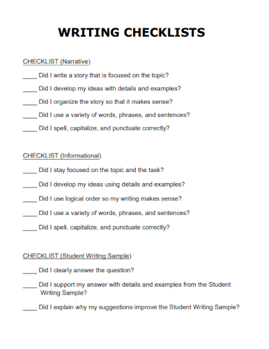 sample writing checklist template