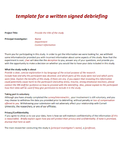 sample written signed debriefing template