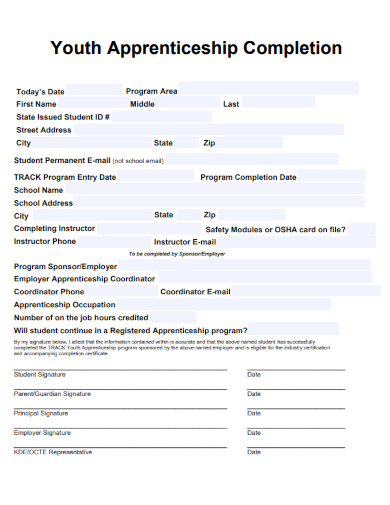 sample youth apprenticeship completion form template