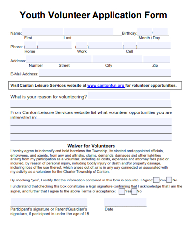 sample youth volunteer application form template