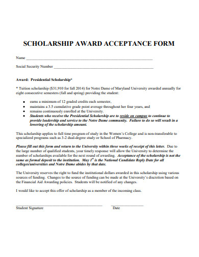 scholarship award acceptance form template