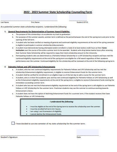 scholarship counseling form template