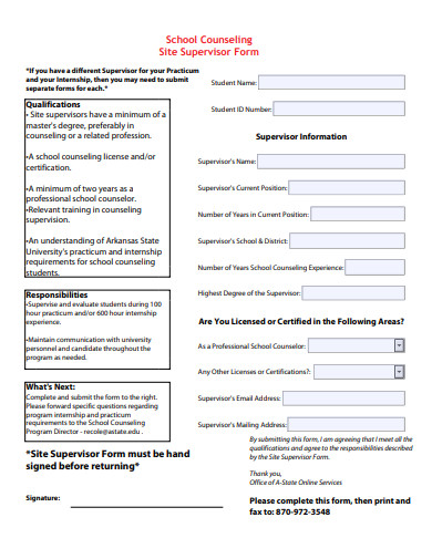 school counseling site supervisor form template