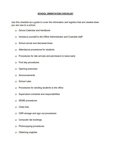 school orientation checklist template
