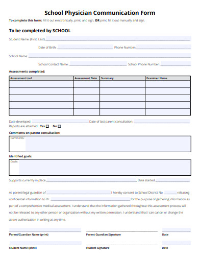 school physician communication form template