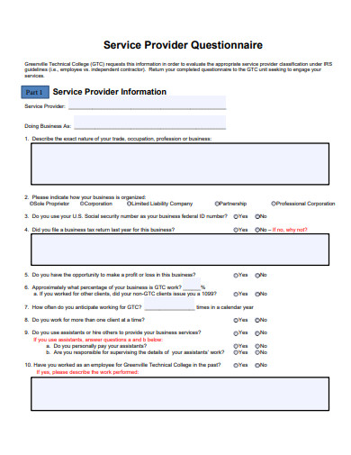 service provider questionnaire template