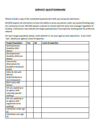 service questionnaire example