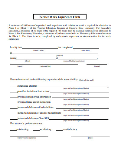 service work experience form template