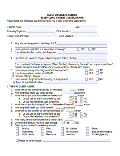 sleep clinic patient questionnaire template