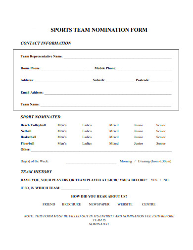sports team nomination form template