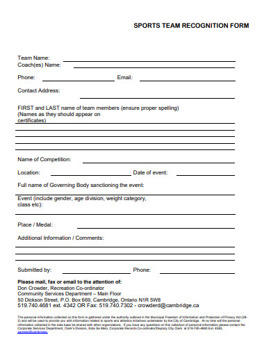 sports team recognition form template