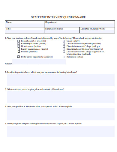 staff exit interview questionnaire template
