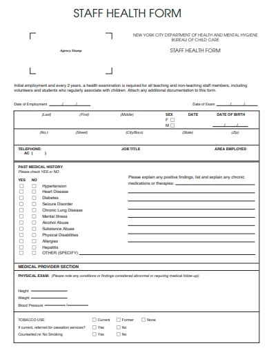 staff health form template
