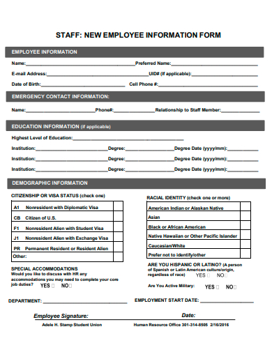 staff new employee information form template