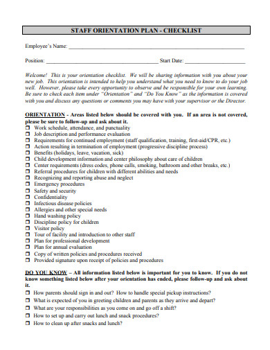 staff orientation plan checklist template