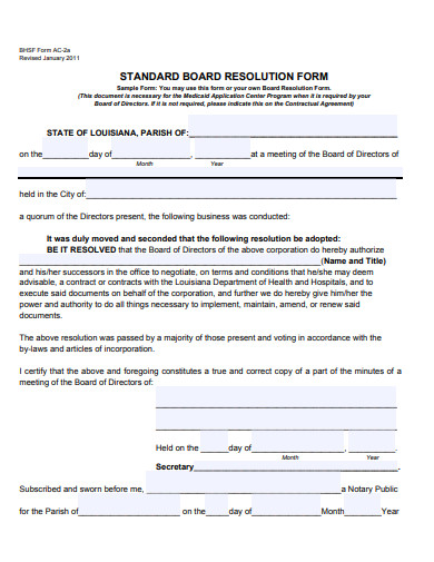 standard board resolution form template