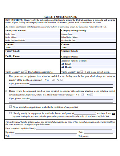 standard facility questionnaire template
